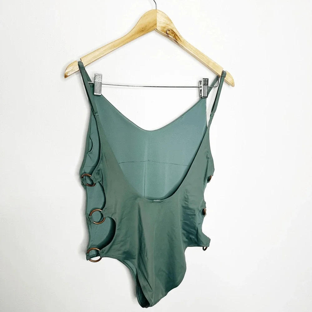AERIE Cheeky Side Ring One Piece Swimsuit GREEN open back adjustable padded L